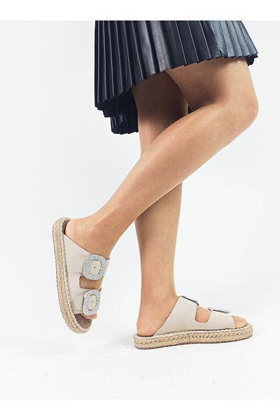 GDT Ayakkabı Beige Color Stone Detailed Straw Sole Women's Slippers