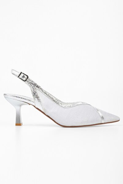 Shoeberry Kadın Lunar Gümüş File Detaylı Kısa Topuklu Stiletto