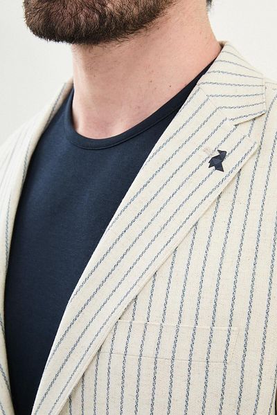 Mcr Striped Slim Fit Pocket Pocket 100% Linen Men's Jacket Navy Blue - 41439.25Y