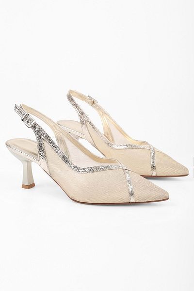 Shoeberry Damen Lunara Gold Mesh Detaillierter Stiletto mit kurzem Absatz