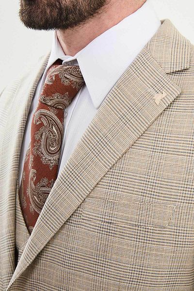 Mcr Plaid Slim Fit Mono Collar Classic Men's Suit Beige - 45379.25Y