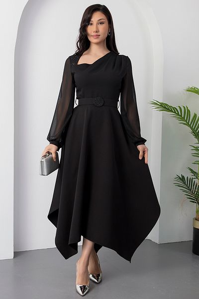 PULLIMM Rochie din șifon cu mâneci cu guler pătrat cu centură cu strasuri DKS1157