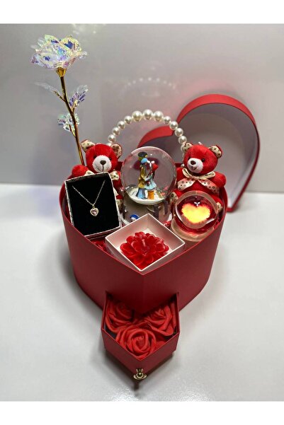 miraybutikhediyelikesya 14 şubat sevgililer gününe özel hediye kırmızı hediye kutusu - kar küresi - kolye - incili taç