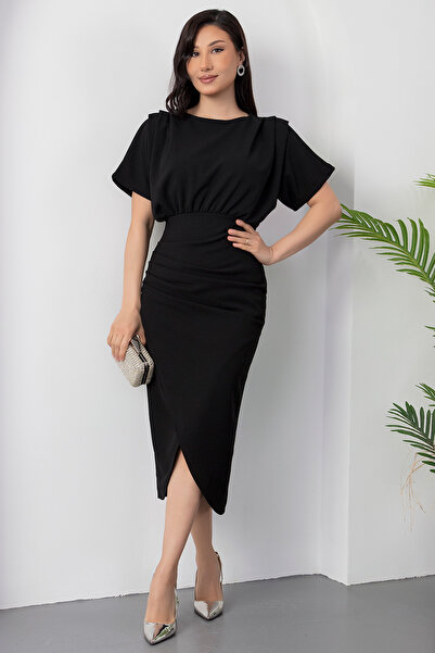 PULLIMM Yarasa Kol Önü Pileli Yırtmaçlı Elbise DKS1274