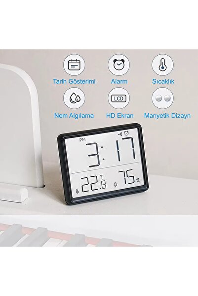 Alsamkapsam Mıknatıslı LCD Dijital Ekran 9x7 cm Pilli Mini Saat Alarm Saat Nem Göstergesi Sıcaklık Ölçer
