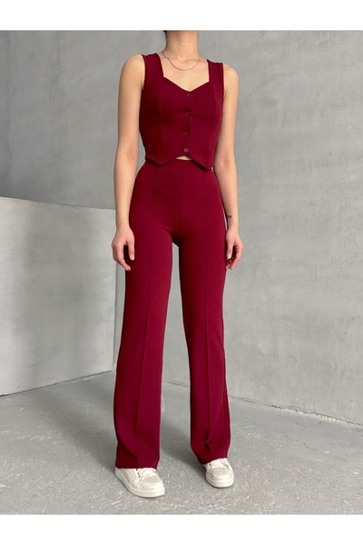 BEJNA Women's Burgundy Strappy Vest Pants Set