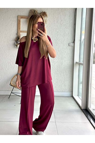 QİMYA BUTİK Buketli̇ Women's Short Sleeve Tracksuit Bottom with Dirty Stitching Detail - Top Set