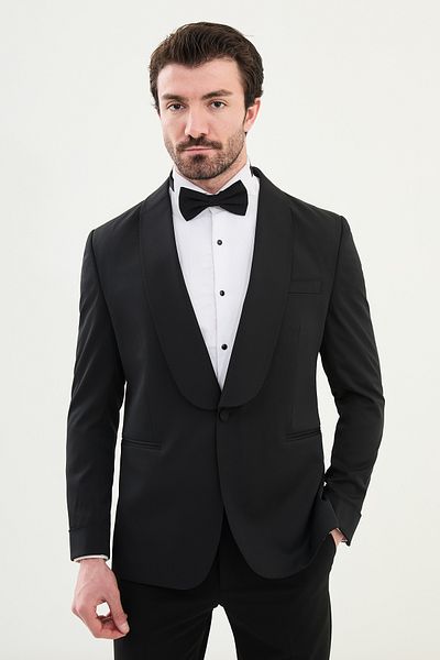 Mcr Straight Slim Fit Shawl Collar Men's Groom Suit Black - 45375.25Y