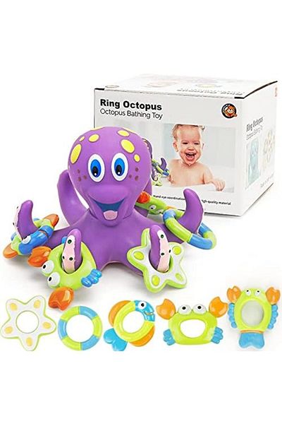 Yelajoy Interactive Bath Toys,A octopus and three throwable and stackable rings,For babies over 18 months
