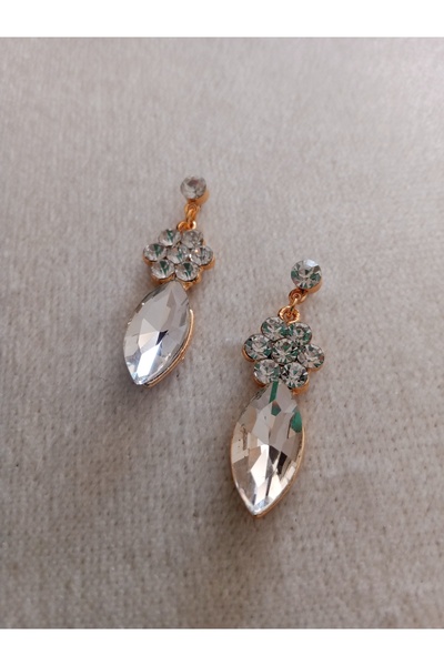 Pervin Ablacım White Stone Gold with White Flower Stone Dangle Earrings