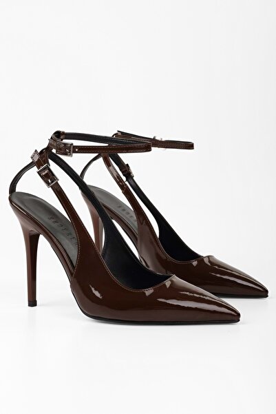 Shoeberry Women's Mila Bitter Brown Patent Leather Belted Ankle Stiletto