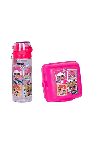 WİGGLE Set of 2 L.O.L 4 Compartment Children's Nutrition Bowl with Spoon and Fork - 500ml Water Bottle with Straw and Strap