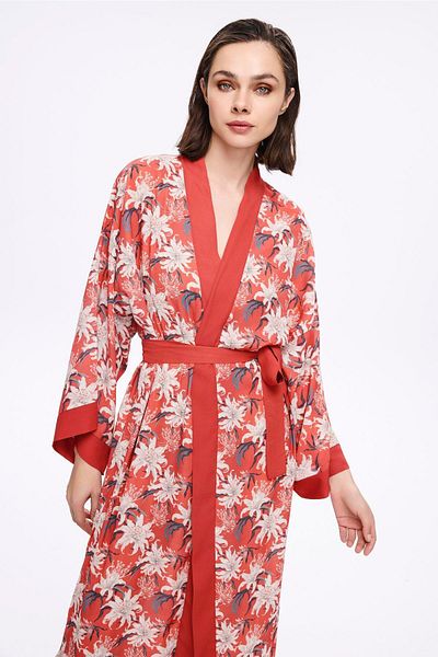 Haşema Pomegranate Flower Red Floral Print Long Kimono 5040