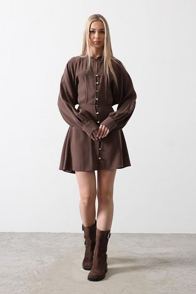 MRA Fashion Gold color button detailed dress - coffee