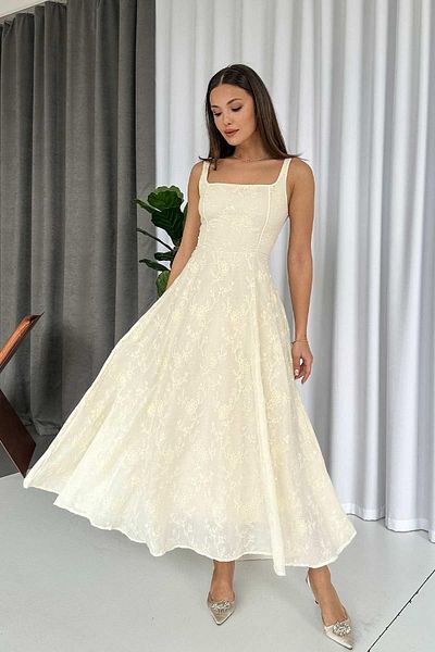 Mine Tan Butik Φόρεμα με λεπτομέρεια κέντημα με μπεζ τετράγωνο γιακά