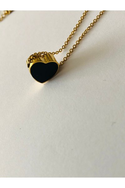 Açıkmeşe Ev Yaşam Ürünleri Kadın Gold Siyah Beyaz Kalp Çharm Çelik Kolye