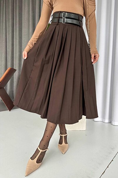 Mine Tan Butik Double Belted Women's Skirt with Slit Detail - Brown