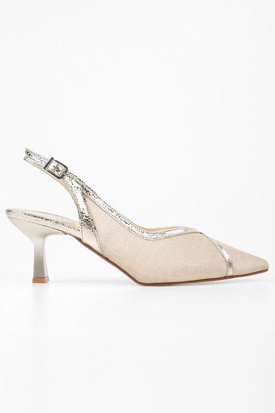Shoeberry Damen Lunara Gold Mesh Detaillierter Stiletto mit kurzem Absatz
