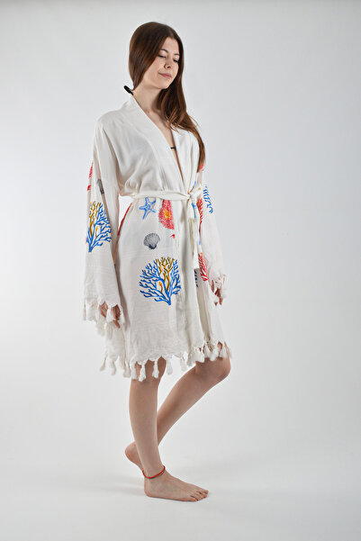 REİNA TEKS Viscon Pareo Kimono Cotton Printed Belted 1 Piece Unisex Mixed Coral Peshtemal Bathrobe