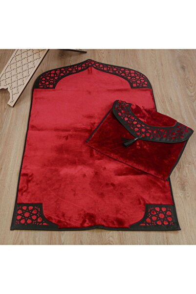 İkranur Lüks Çantalı Kaymaz Deri Tabanlı Soft Yumuşak Peluş Seccade Bordo (Se...