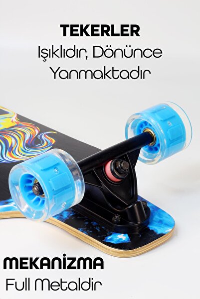 Telvesse Işıklı Kaykay Silikon Teker Sessiz Semi-PRO Skeleton Model Zımparalı Skateboard Longboard 80 cm 3116