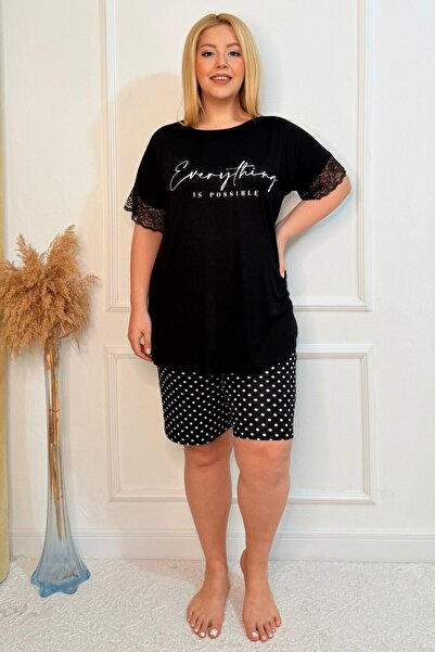 tarzımsüper Plus Size Comfort Sleepwear Set with Bottom Top Shorts Patterned Double Cotton 2-Piece Bottom-Top Suit