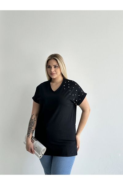 uniq store Large Size Short Sleeve Stt Rft-04 Beaded Basic T-Shirt