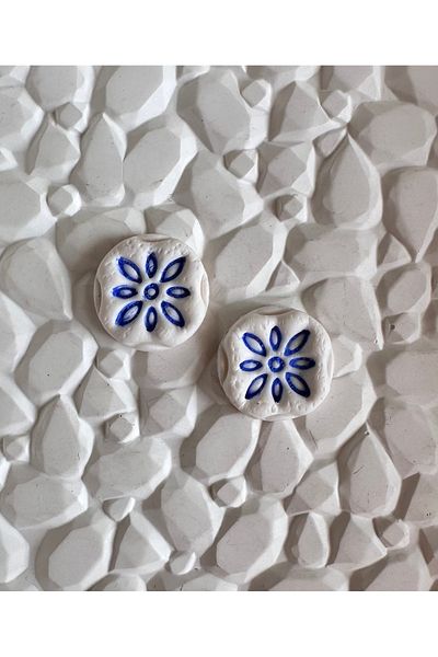 ACCESSORY Navy Blue Patterned White Earrings Mini Size