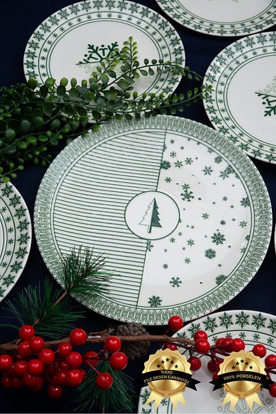 Heda Porselen Pine Wood 7 Piece Porcelain Cake Plate Set