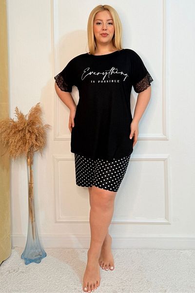 tarzımsüper Plus Size Comfort Sleepwear Set with Bottom Top Shorts Patterned Double Cotton 2-Piece Bottom-Top Suit