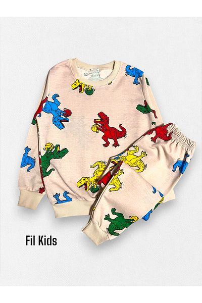 Fil Kids Σετ εποχιακής πιτζάμες με μακρυμάνικο σχέδιο για αγόρια από 100% βαμβακερή κρέμα δεινοσαύρων