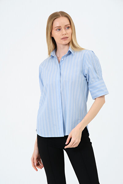 eva clothing Kadın Kahverengi-Mavi-LAcivert Çizgili Yarım Kol Gömlek