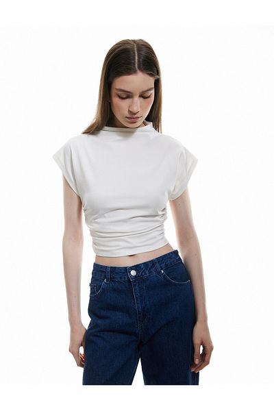 Koton Cotton Sandy Fabric Draped Slim Fit Stand Collar Sleeveless T-Shirt