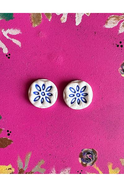 ACCESSORY Navy Blue Patterned White Earrings Mini Size
