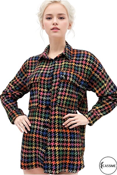 Cassime Kadın Rengarenk Kazayağı Gökkuşağı Oversize İki Cepli Kaşe Gömlek - İ...