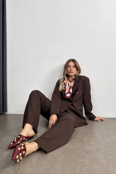 Sue Store Kahverengi Yüksek Bel Pantolon Ceket Oversize Takım