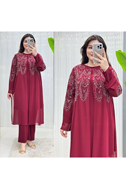 GK Set tunică din șifon nisip brodat cu piatră