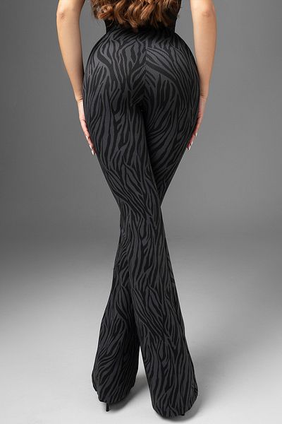 Moije Women's Zebra Patterned Lycra Flared Leg High Waist Black Anthracite Ribbed Leggings Trousers
