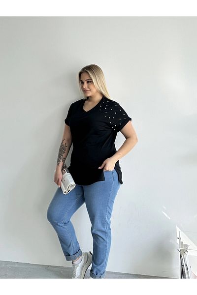 uniq store Large Size Short Sleeve Stt Rft-04 Beaded Basic T-Shirt