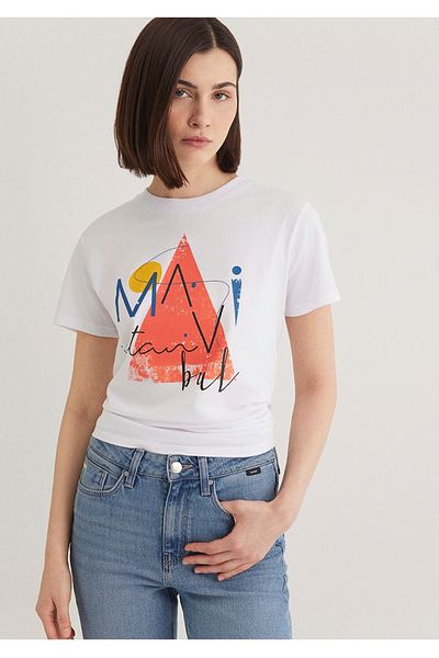 Mavi tricou alb de damă cu imprimeu triunghi Istanbul