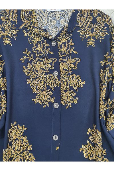 Modamorfo Patterned Buttoned Long Back Viscose Tunic - Navy
