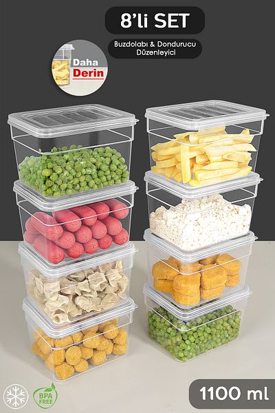 Meleni Home Set of 8 Deep Microwave Compatible 1100ml Food Storage Containers Transparent Lid Organizer