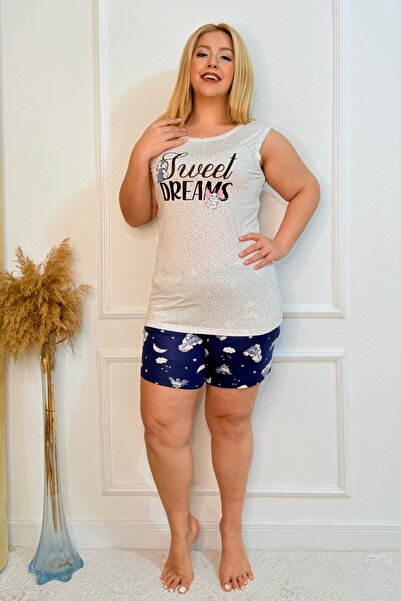 tarzımsüper Plus Size Comfort Sleepwear Set with Bottom Top Shorts Patterned Double Cotton 2-Piece Bottom-Top Suit