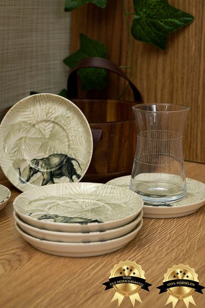 Heda Porselen 6 Pieces 12cm Porcelain Tea Plate - Elephant Nature, Off-White