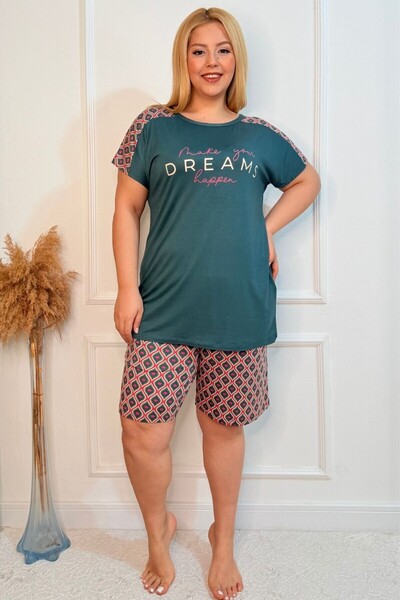 tarzımsüper Plus Size Comfort Sleepwear Set with Bottom Top Shorts Patterned Double Cotton 2-Piece Bottom-Top Suit