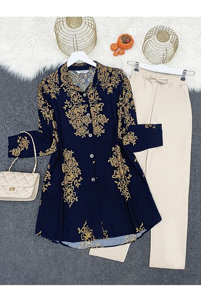 Modamorfo Patterned Buttoned Long Back Viscose Tunic - Navy
