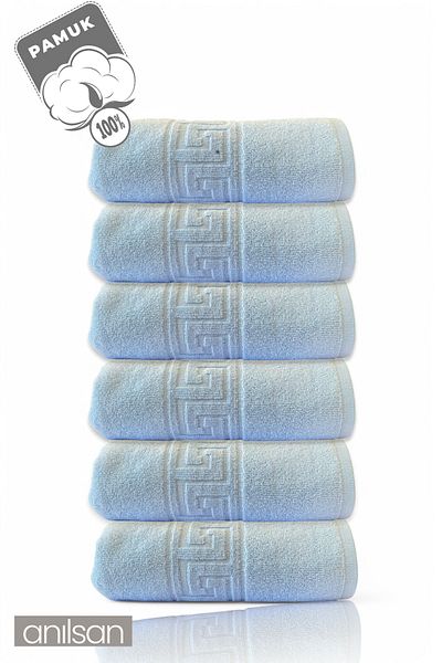 Anılsan Set de 6 prosoape de mână grecești albastre - 50x90 cm, 225 gr, 100% bumbac, prosoape spa și hotel, potrivite pentru utilizare zilnică