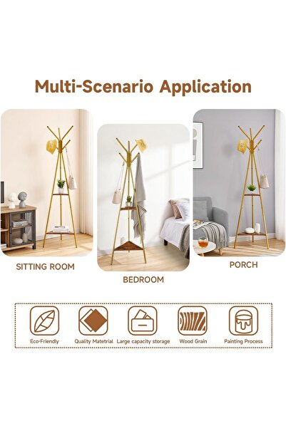 Saharaz Modern 3-Pronged Metal Hanger With 2 Storage Shelves, 50x40x180cm, Coat Racks For Hanging, Glod