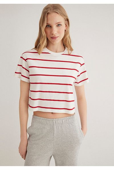 Mavi Red Striped Crop Cut Women's T-Shirt