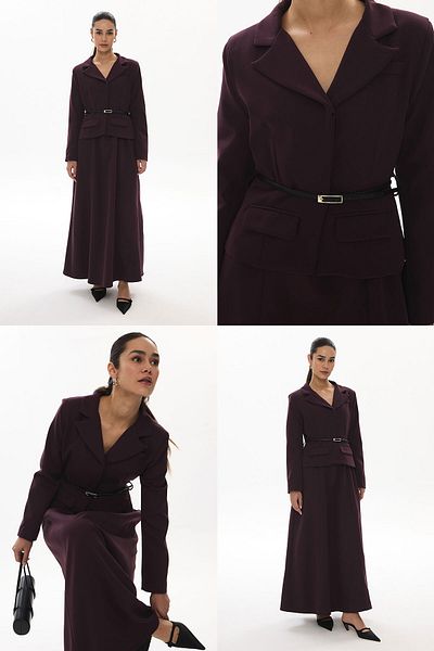 Hooopstore Φόρεμα με μπουφάν Burgundy με λεπτομέρεια από χρυσή ζώνη